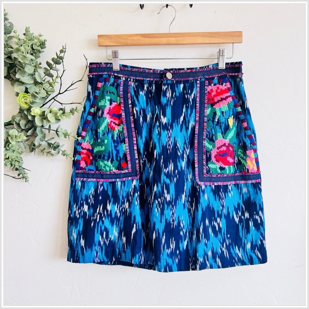 Anthropologie Blue Ikat Skirt with Floral Accents